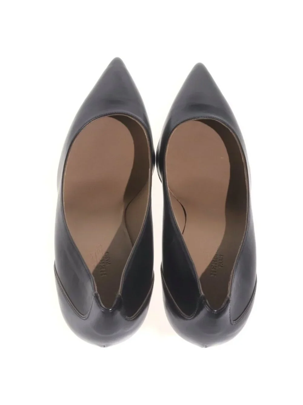 Hermes Pointed Toe Leather Heels Pumps Shoes Black